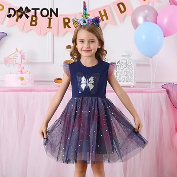 

DXTON Summer Girls Dresses Flare Sleeve Princess Dress Birthday Party Vestidos Butterfly Sequined Dress Children Cotton Clothing