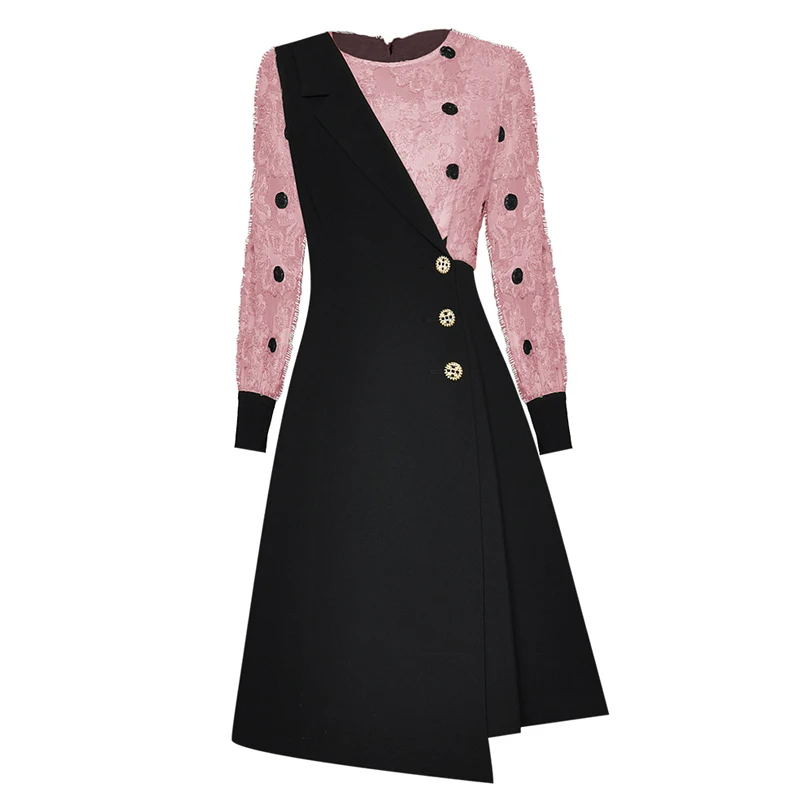 SEQINYY Office Lady Dress 2020 Spring Autumn New Fashion Design Women Dot Spliced Knee High Quality Button XXL