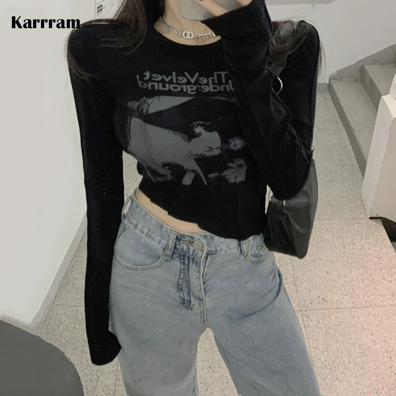 Karrram Fairy Grunge T Shirt Women Velvet Underground Print Tight Irregular Crop Top Dark Academia Gothic Clothes Emo Hippie T Shirts Aliexpress