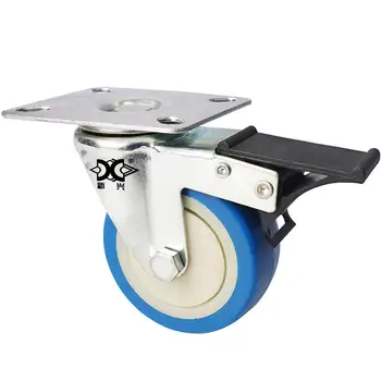 

3-inch Flat Bottom Single Axle Blue Pvc Double Brake Caster Silent Wheel Cart Tool Factory Direct Light