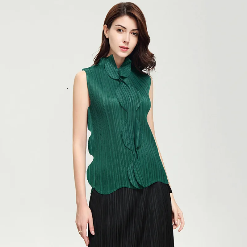 

[DEAT] 2019 New Fashion Pattern Pleated Laisure Sleeveless O Neck Solid Color Slim Cascading Ruffle Lapel Collar Dress AD046