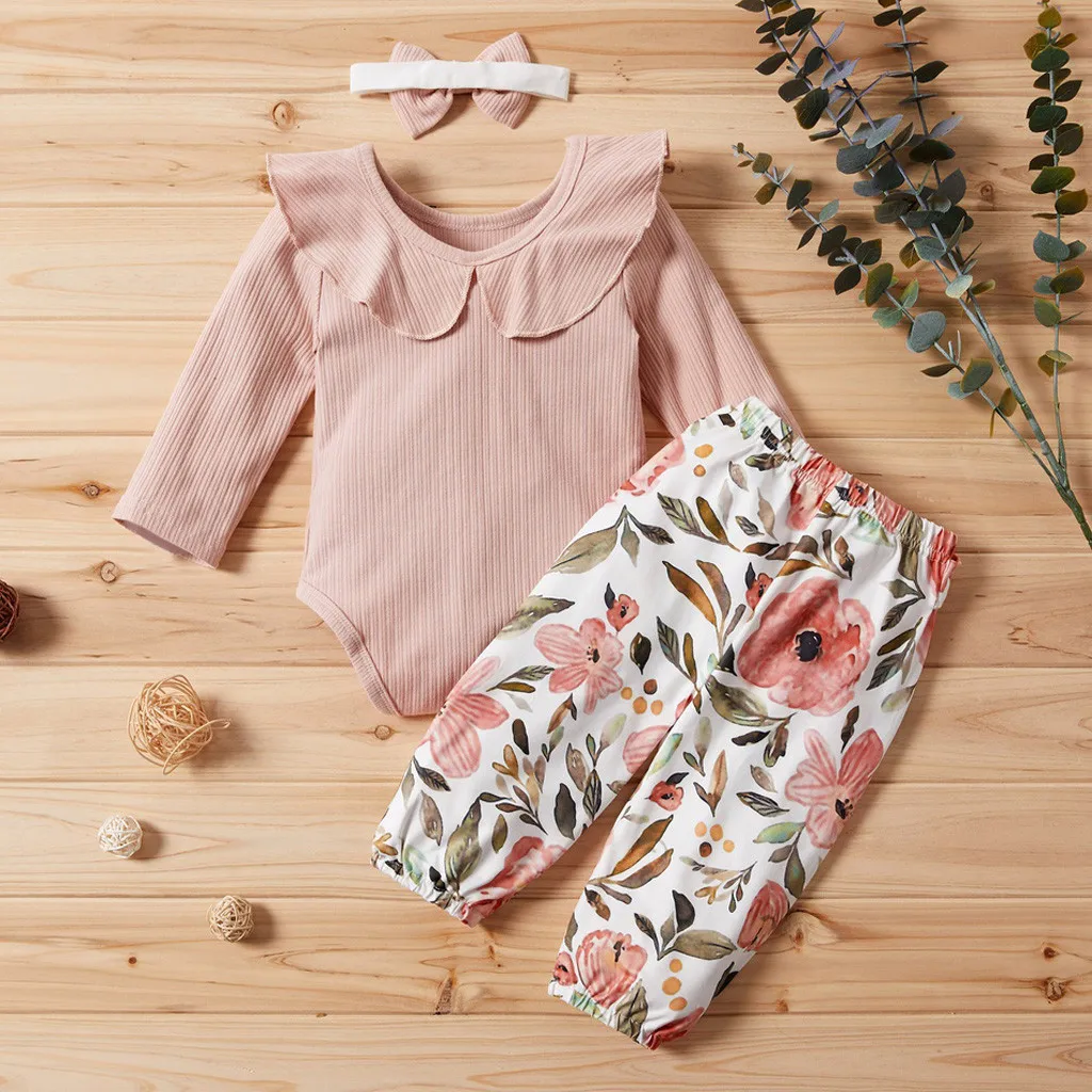 

teen girls clothing autumn cotton Solid Frill Romper+Floral Print Pants+Headband Outfit kids clothes girls roupa infantil