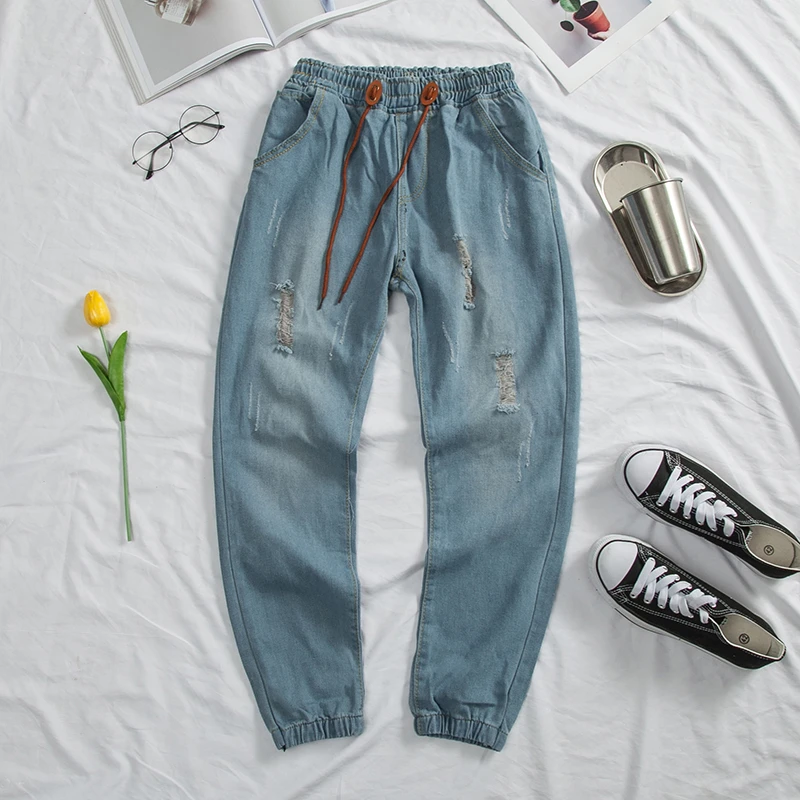 Black Friday Drawstring Jeans Men's Fashion Washed Retro Casual Ripped Jean Pants Men Streetwear Loose Hip Hop Denim Trousers Mens M-5XL