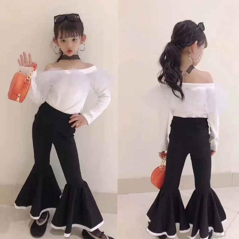 

Girls 2019 Autumn Little Fragrance Set New Foreign Children's Clothing Girl Lotus Leaf Pants Shoulder Set