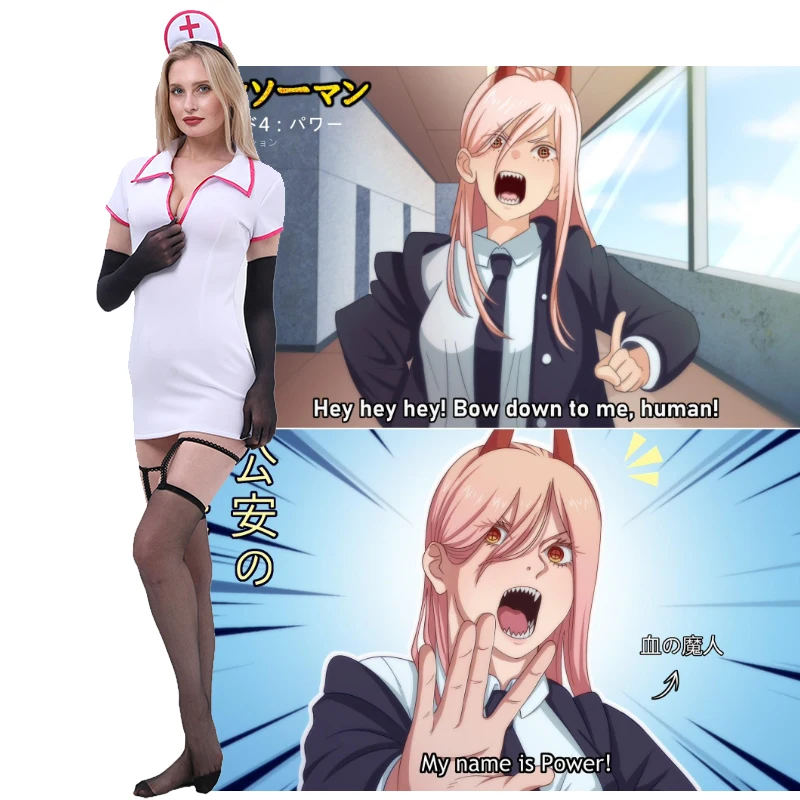 Anime Chainsaw Man Makima Cosplay Power Costume Sexy Nurse Uniform Wig Full Set Gloves Stockings