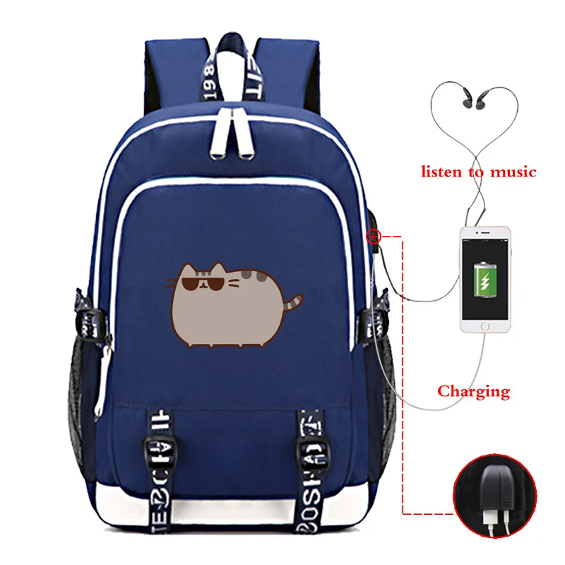 004 Забавный Pusheen напечатанный usb зарядный наушник отверстие рюкзак для учеников, мальчиков и девочек Плечи сумка путешествия повседневные Рюкзаки - Цвет: 004