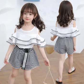 

2020 Summer Girls Two Pieces Kids Clothes Set T Shirt & Shorts Pants Stripe Children Clothing 4 5 6 7 8 9 10 11 12 13 14 Years