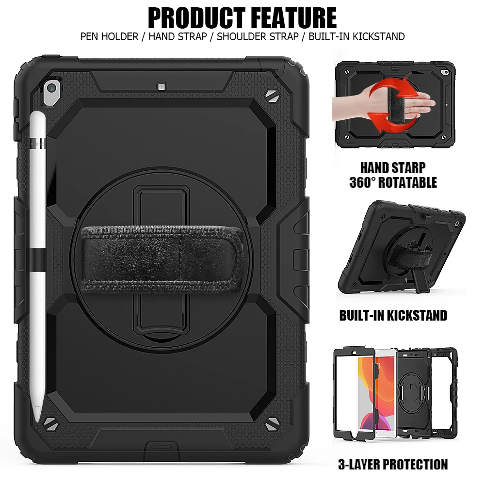 Case For iPad 10.2 7th Generation 10.2 inch iPad 7 Tablet Case Shockproof Kids Safe Rotating Hand Strap+Shoulder Strap