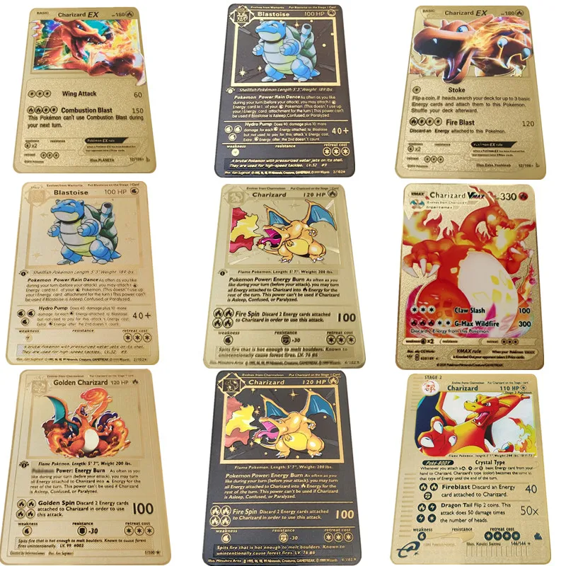 Tarjeta de batalla de Anime de juego de Pokemon, 27 estilos, Pikachu Charizard I 20 HP EX VMAX GX Blastoise Mewtwo, juguete de cartas doradas