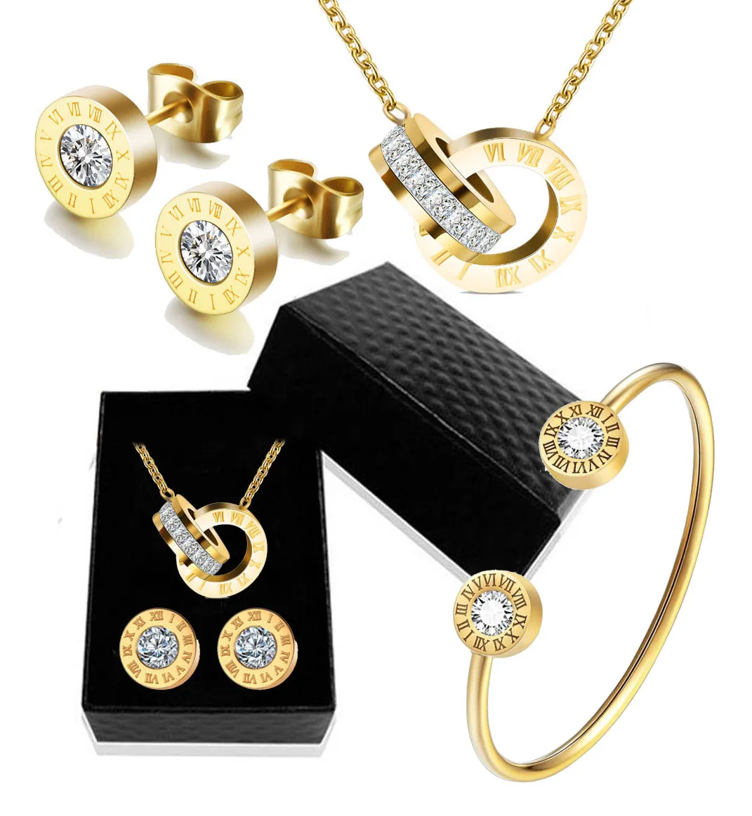 Jewelry Set Roman Numeral Necklace Earring Bracelet For Women 316L Stainless Steel