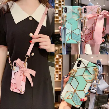 

Bow-knot Long strap crossbody phone case For iphone 11 pro Xs max XR 8 7 6s plus soft silicone case Marble plating texture cover