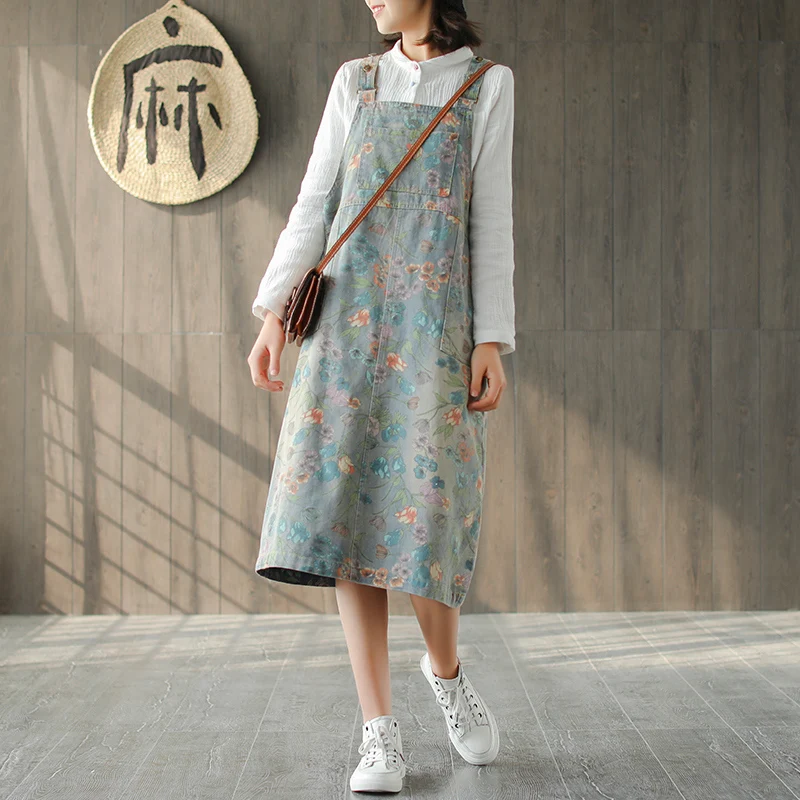 

2019 Straigth New Cotton Pockets Button Fashion Denim Dress Print knee-length Casual Spring Summer Denim Dress