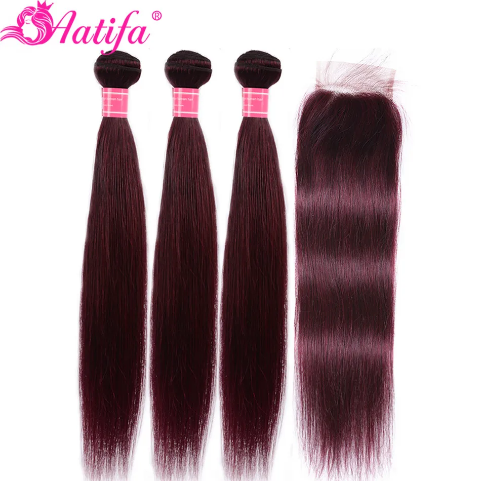 

Pre-colored Brazilian Straight Hair 3 Bundles with Closure 99J Red Burgundy Human Hair Bundles with Closure Remy Hair Weave