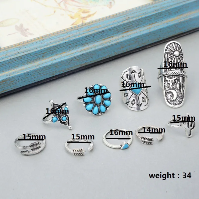 Ring Set 9pcs/Set Bohemia Antique Silver Color Arrow Moon Flower Rings Sets for Women Carving Rings Jewelry Carving Jewelry