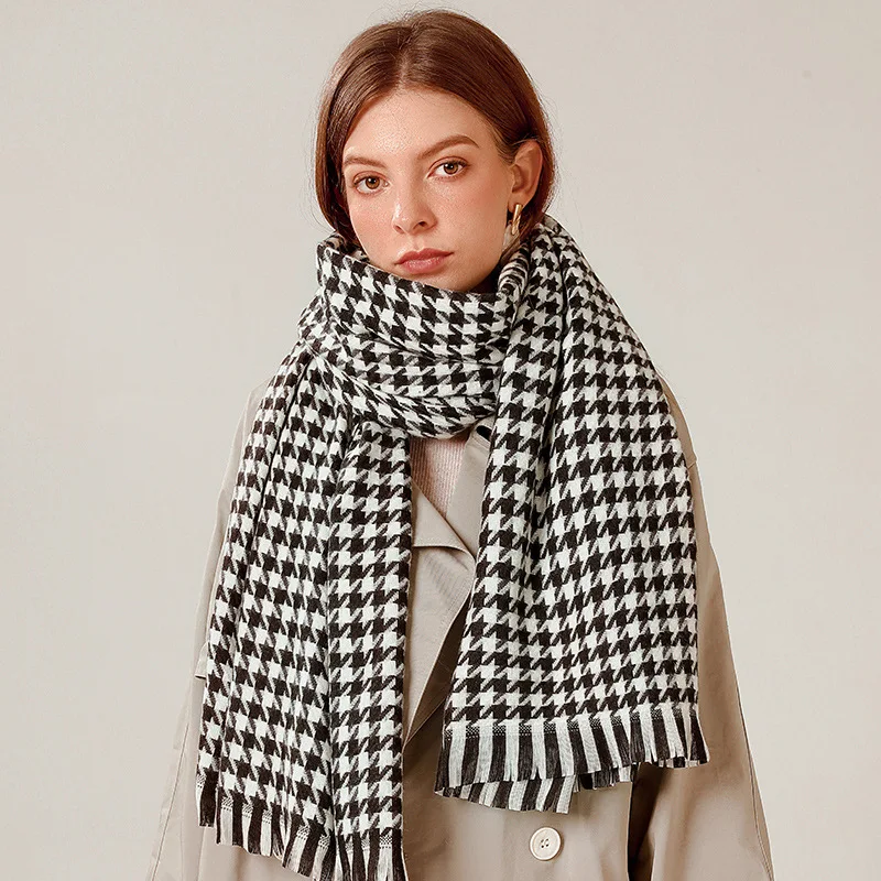 

Houndstooth scarf winter women's new European and American imitation cashmere warm tassel shawl thickened cold-proof scarf scarf