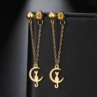 Stainless Steel Earrings Fashion Simple Metal Chain Personality Moon Cat Animal Back Hanging Drop Earrings For Women Jewelry NEW 2
