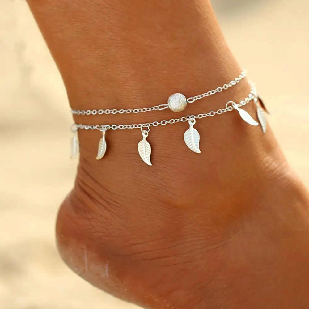 Bohemian Style Feather Leaves Pendant Anklet Beach Jewelry Double Leaves Foot Chain Handmade Beads Anklets For Women Girl Bohemian Style Feather Leaves Pendant Anklet Beach Jewelry Double Leaves Foot Chain Handmade Beads Anklets For Women Girl