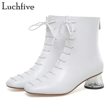 

Water Cup Heel Short Boots Women Fashion Lace Up Shoes Woman Round Toe Black White Women Boots Runaway Zapatos De Mujer