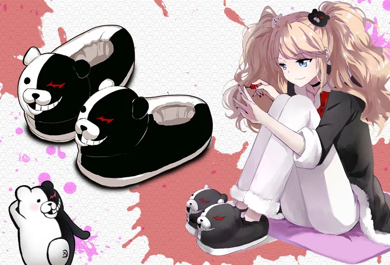 Danganronpa/черный белый медведь; Косплей Монокума; плюшевые домашние тапочки