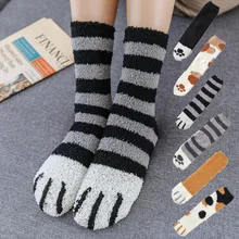 Толстые чулки из кораллового флиса, теплые носки с принтом кота, осенние и зимние женские прикольные Гольфы с принтом