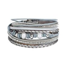 Серый искусственный кожаный горячий сверлильный мульти-Рядовая обмотка браслет на магнитной застежке кожаный браслет