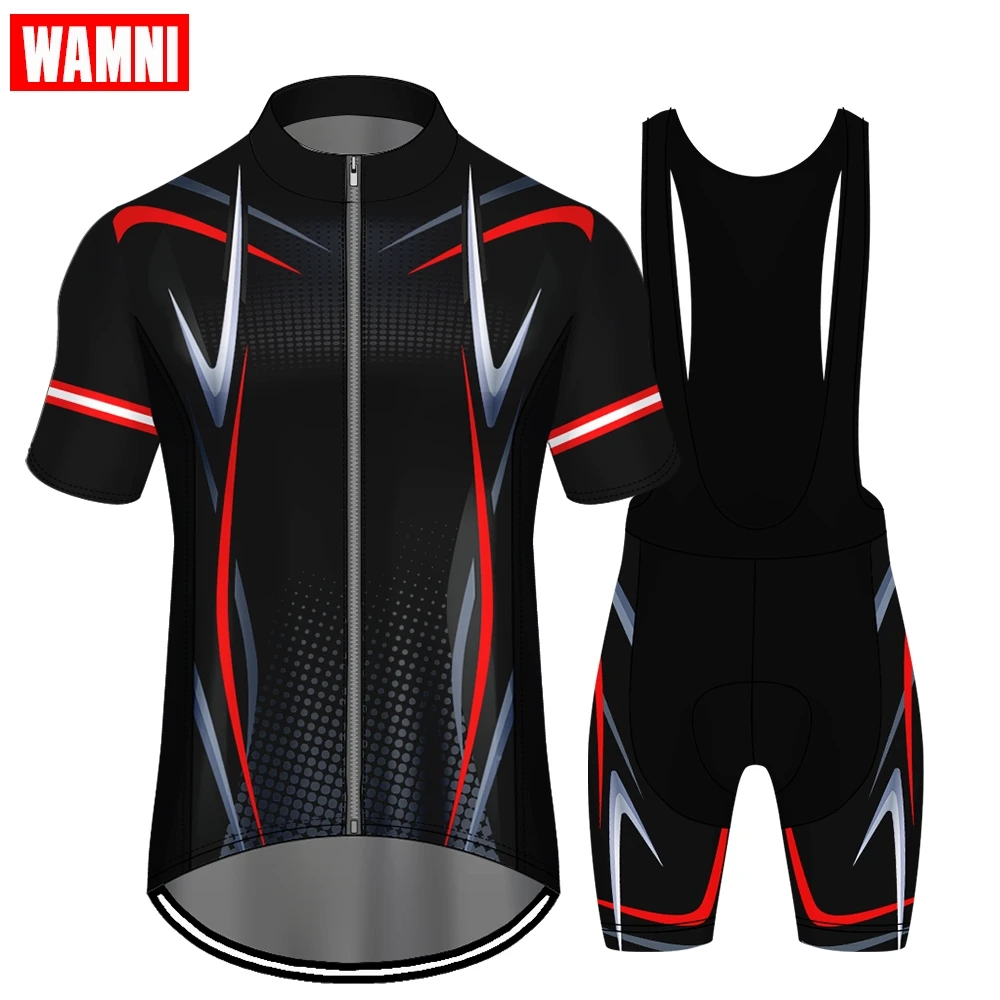 

WAMNI Cycling Jersey Set Men Short Sleeve Cycling Stretch Polyester 3D Line Quick drying Bib Shorts Bike Team Men Mountain