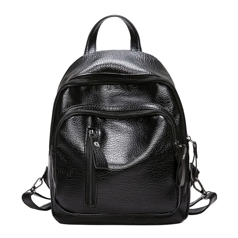 Mochila de viaje de piel sintética para mujer, bolso escolar pequeño multifuncional, color negro
