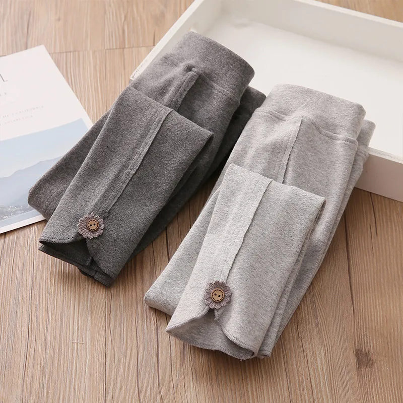 

2020 Autumn Spring Korean 100-150cm 3 4 6 8 10 12 Years Cotton Solid Color With Buttons Patchwork Baby Kids Leggings For Girls