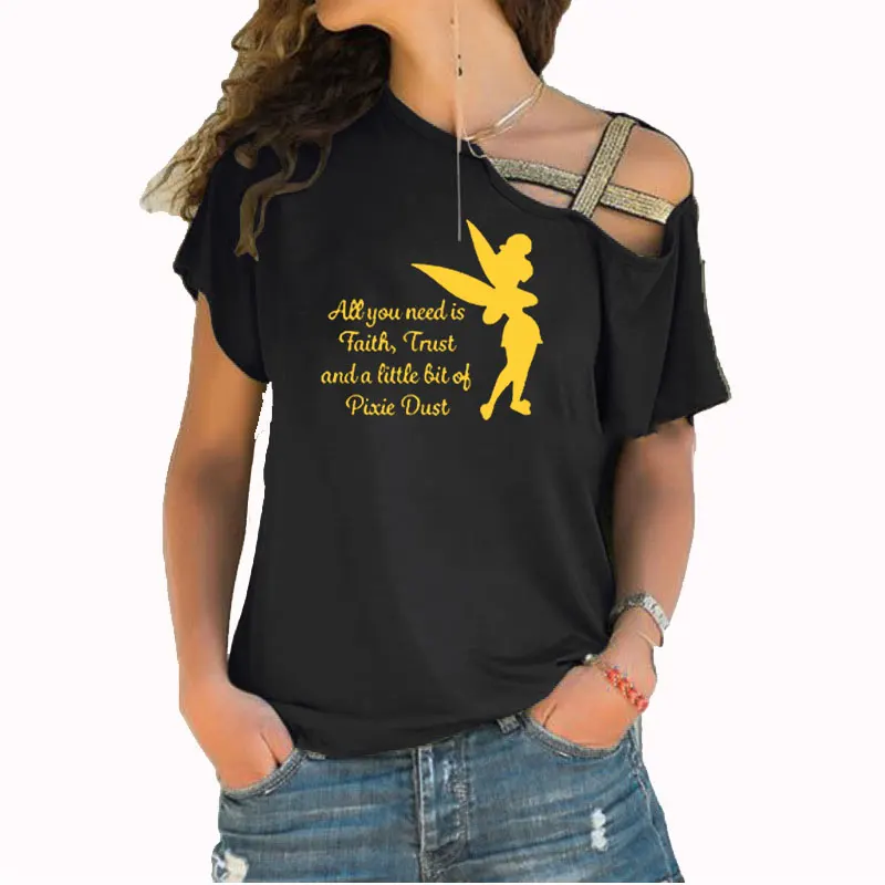 

All you need is a little Faith Trust and Pixie Dust T shirt Femme Tinkerbell Printed Irregular Skew Cross Bandage Tshirt