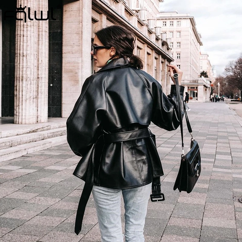 FQLWL уличная куртка из искусственной кожи женская верхняя одежда байкерские пояса черные куртки женские пальто осень-зима женские куртки