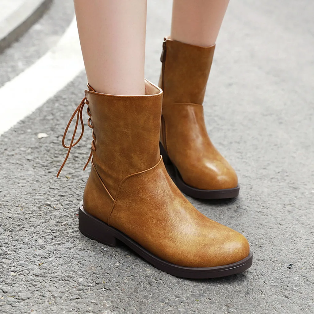 Fashion Pure Color Keep Warm Winter Boots Solid Mid-calf Round Toe Zipper Lace-Up Square Heels Vintage Women | Обувь
