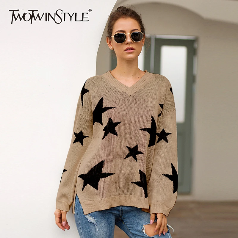 

TWOTWINSTYLE Star Print Women's Sweater V Neck Lantern Sleeve Side Split Pullovers Autumn Sweaters Female 2019 Fashion New