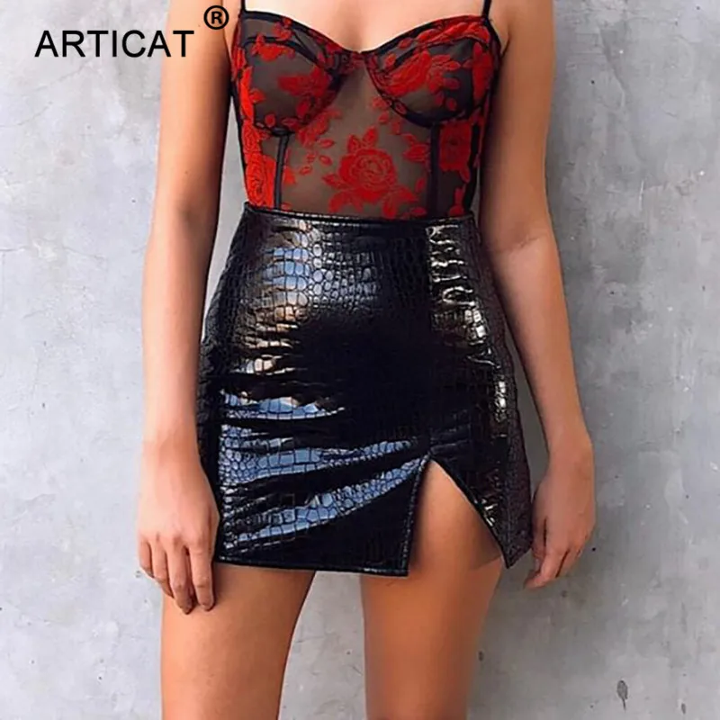 Articat Высокая талия Сплит кожаная юбка женская черная молния Bodycon Короткие юбки