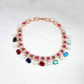 

925 Sterling silver CZ Squares crystal Rainbow Necklace Elegant shell pearl Multicolor Candy pendant Large Gem Stone jewelry
