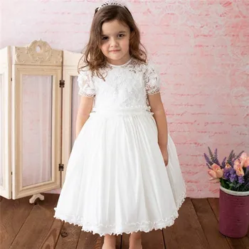 

White Lace Top Flower Girl Dress for Wedding with Ribbon Kids formal Wear Girls Birthday Dress Party Gown Custom Made