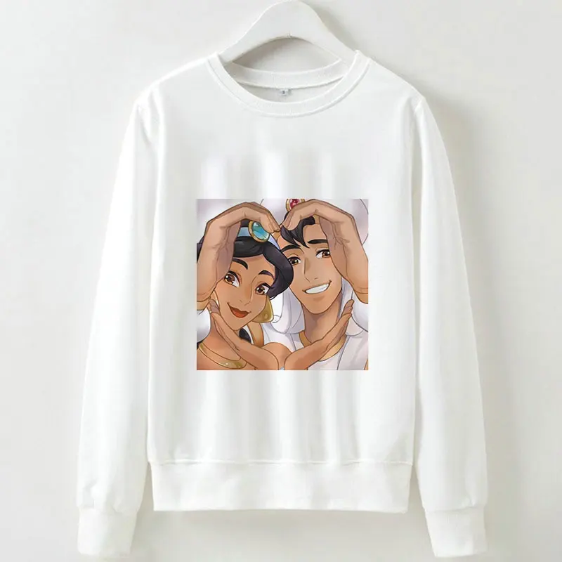 

Women Harajuku Print White Sweatshirt Prince Princesses Couple Hoodies Ladies Vogue O-neck Long Sleeve Shirts Kawaii Streetwear