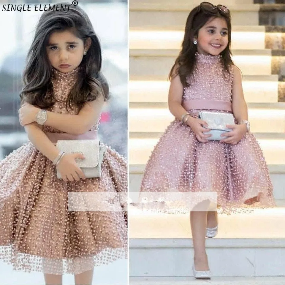 

Blush Pink Flower Girl Dresses For Wedding Little Girls Ball Gown Heavy Beaded Pearls First Communion Dresses