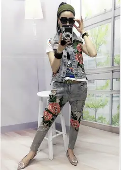 

Sequins Cowgirls Europe Station Flower Patchwork Pearl Studded Vest And Denim Pant Two Pcs Set Women Golden Polished