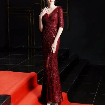 

Elegant Mermaid Dress Women V Neck Sequined Long Dress Evening Party Dress Robe Longue Femme Ete Vestidos New Christmas Dress