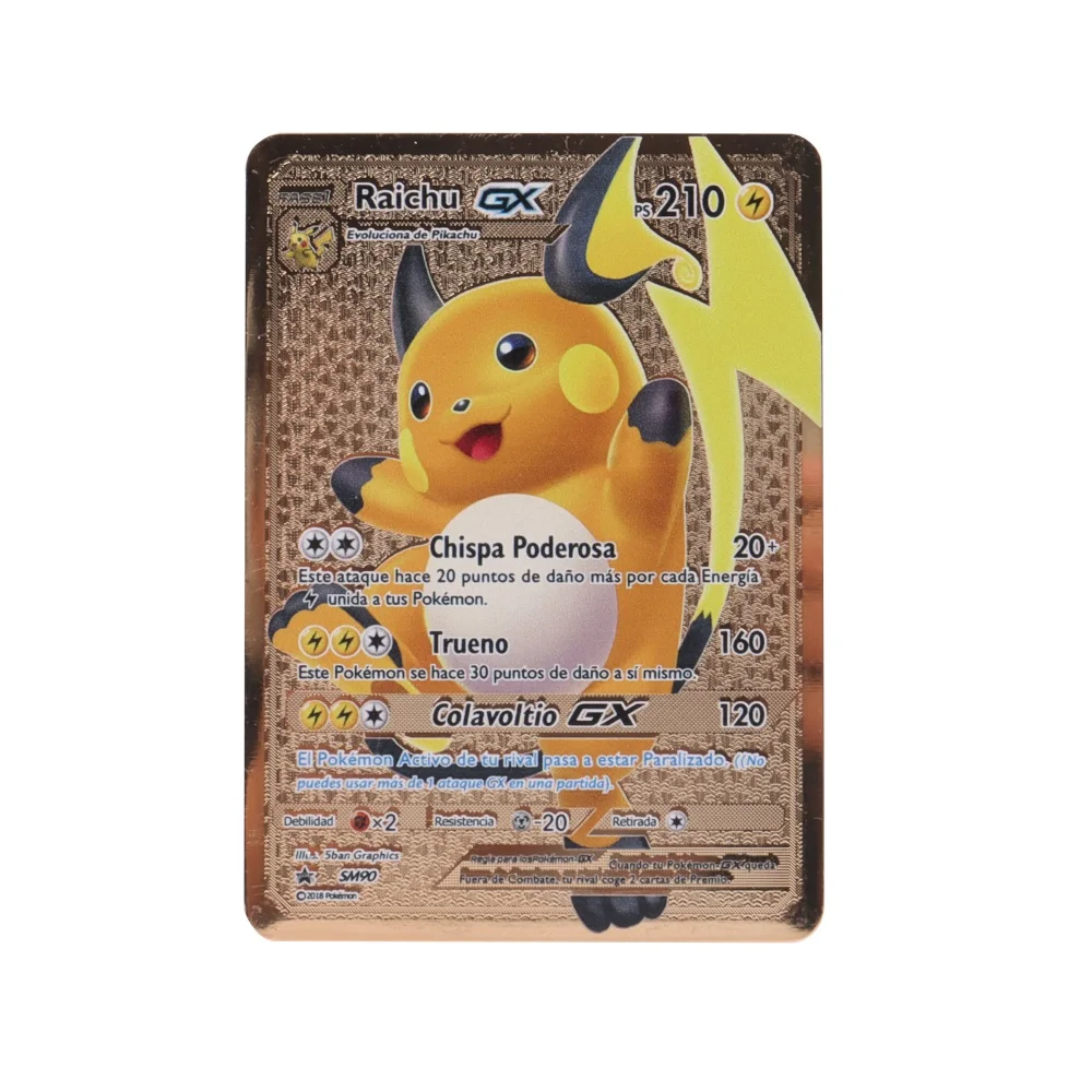 Spanish Pokemon Metal Card Raichu GX vmax Gold Collection Gift Children's Game Gifts for Children | Игрушки и хобби