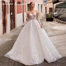 

Classic Ball Gown Wedding Dresses for Women Scoop Neck Long Sleeves Princess Bride Dress Appliques Court Train Wedding Gowns