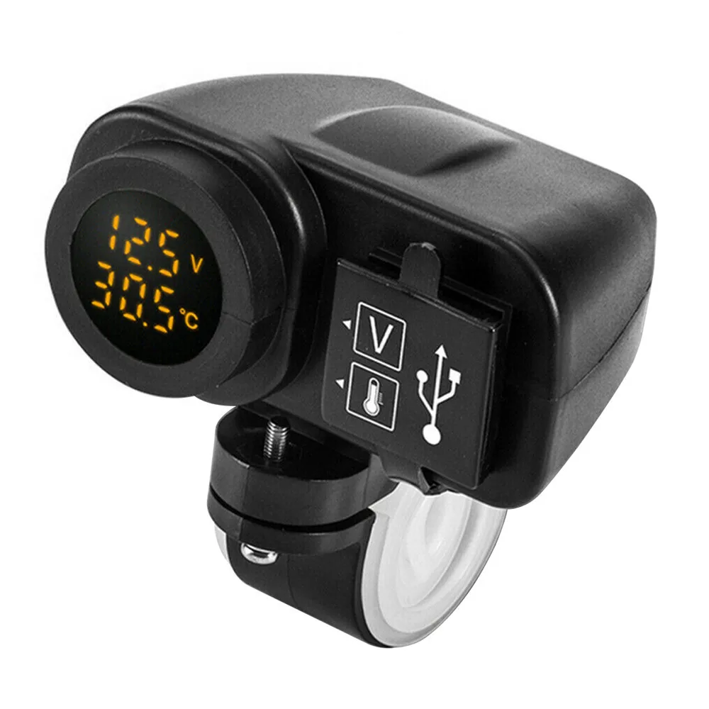 

1 Pcs Black Motorcycle Phone Charger Digital Display Motorcycle Dual USB Charger Voltmeter Thermometer for Cell Phone Waterproof