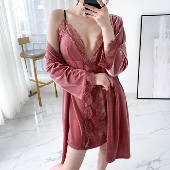 

With Belt Velour Solid Sleepwear For Young Lady Autumn Sexy Women Home Clothing Nightgown 2 Pcs Set Full Sleeve Bathrobe Gown