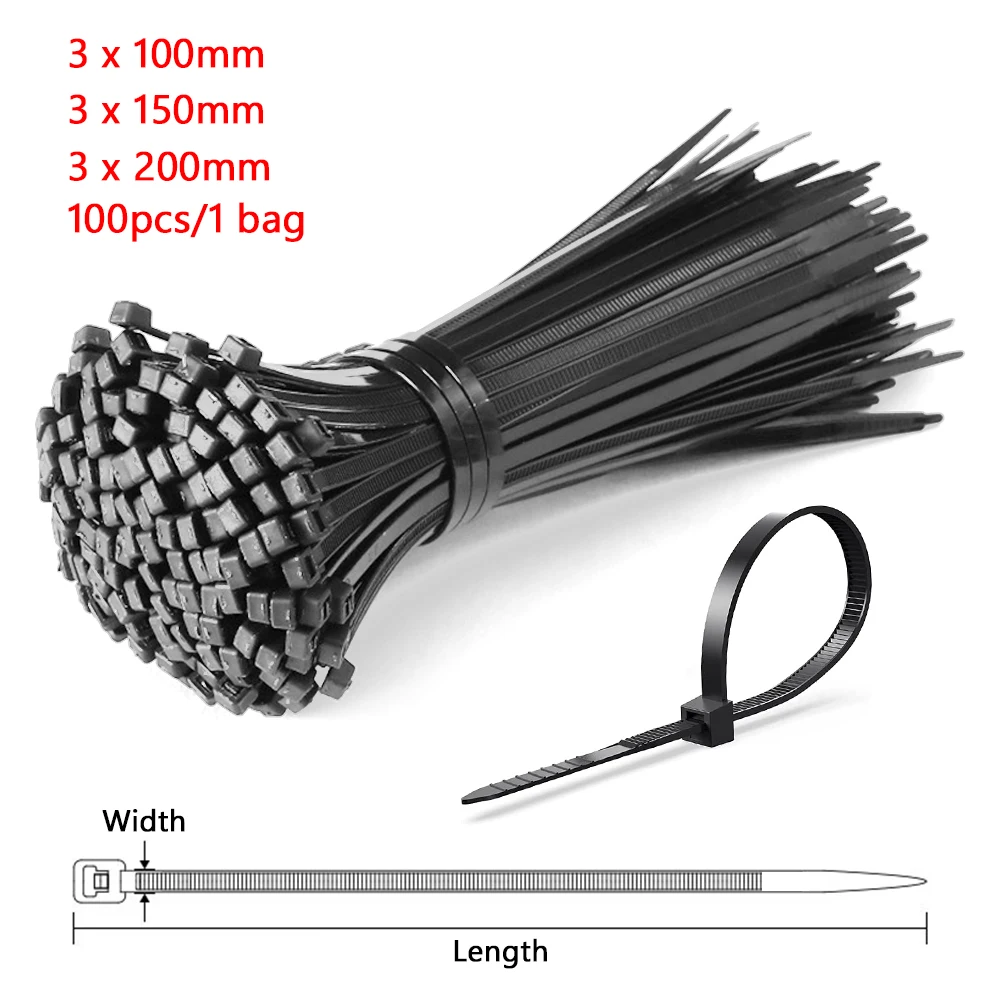 100 2.5 x 100mm STRONG BLACK COLOUR NYLON PLASTIC CABLE TIES ZIP TIE WRAPS 