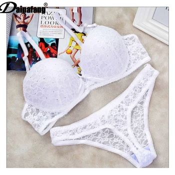 

[Hot sales] New Lace Drill Bra Set Women Plus Size Push Up Underwear Set Bra And Thong Set 34 36 38 40 ABC Cup For Female
