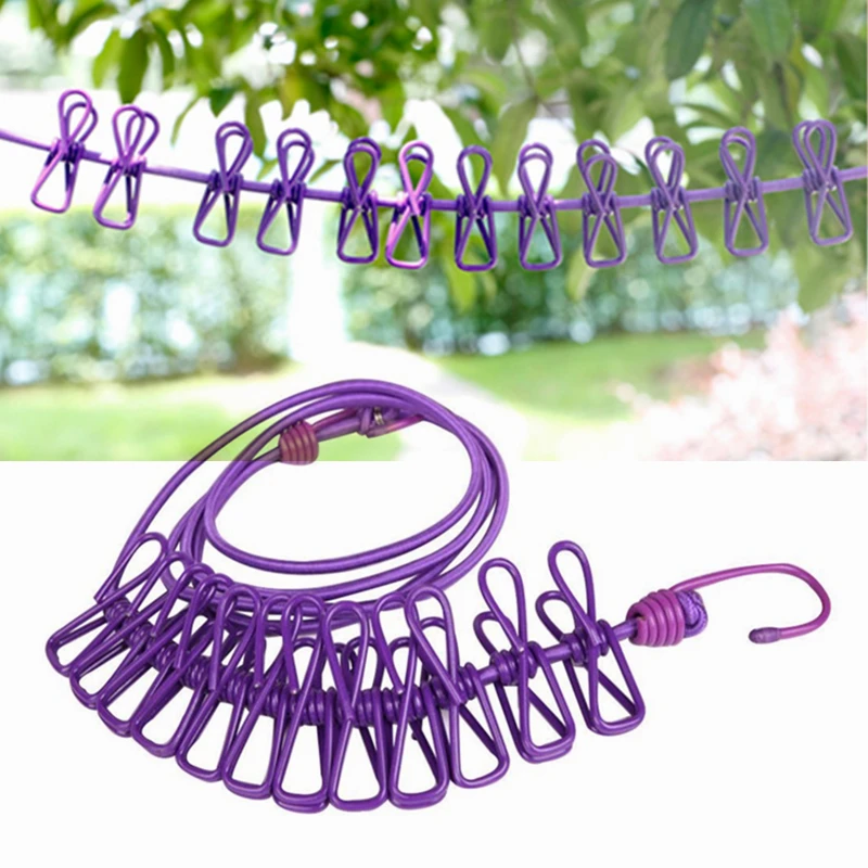 

New 185cm Portable Multifunctional Clothes Hangers Drying Rack Clips Line Pegs Clothespins Multicolors Steel