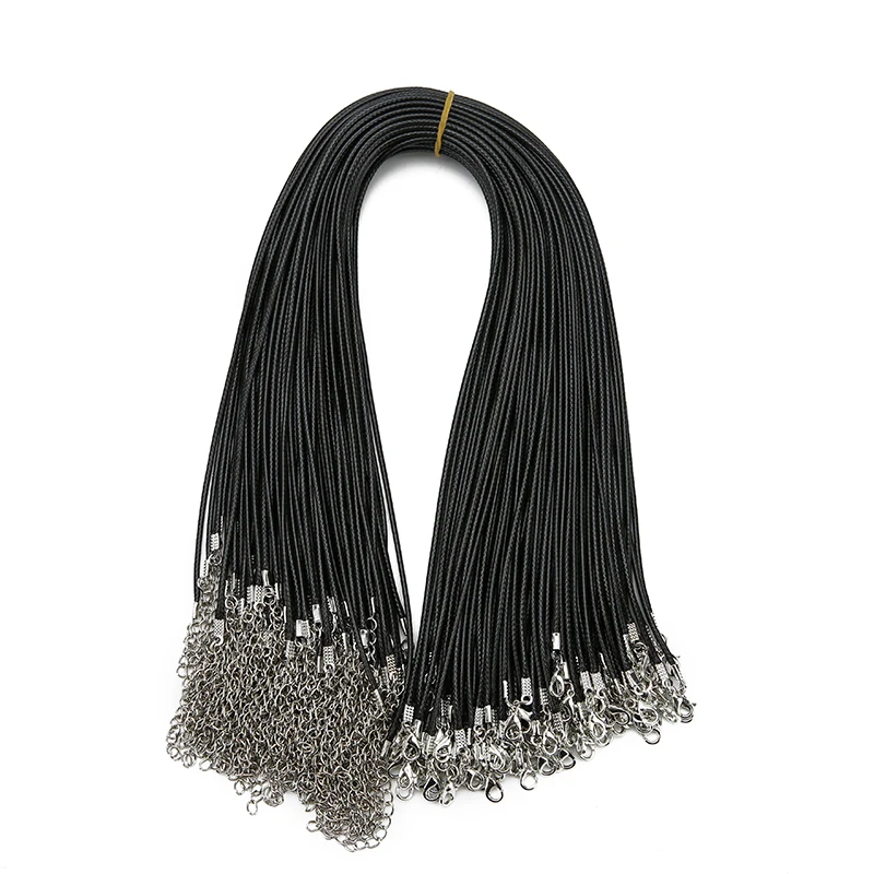 20pcs Dia 1.5mm 2mm Lobster Clasps Waxed Cord Necklace Lot Black Korean Waxed Rope Thread For Jewelry Making Length 45 50 60cm