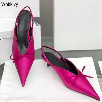 

Silk satin kitten heel shoes women pointed toe lazy loafers runway designer bowties knot sandals candy color slingback pumps