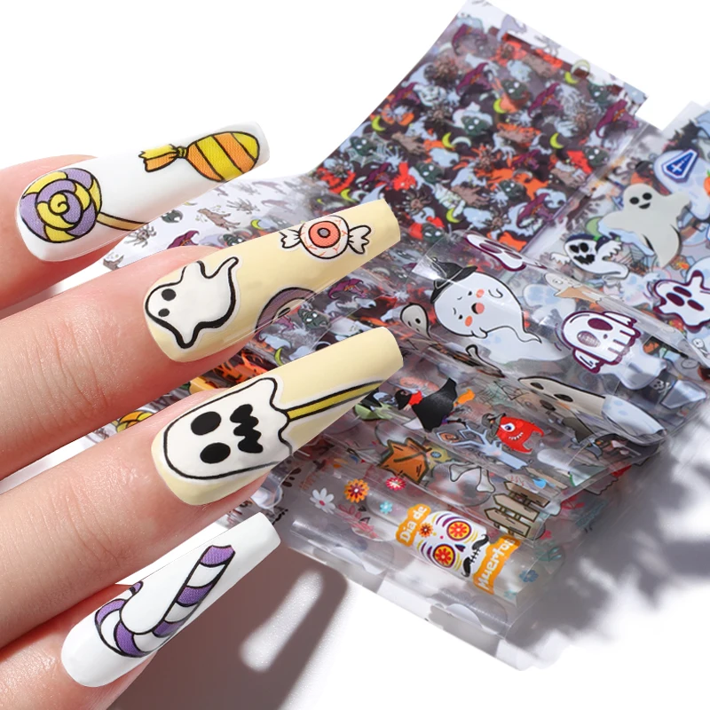10pcs/Set Halloween Nail Stickers Transfer Foils Art Decorations Wraps DIY Design Manicure Decoration Accessories | Красота и