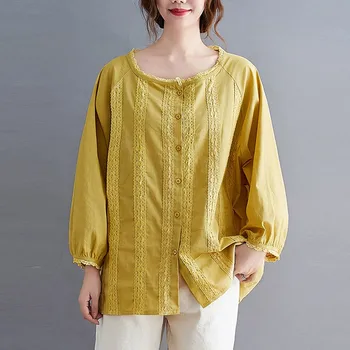 

Oversized Women Cotton Linen Casual Blouses Shirts New 2020 Autumn Vintage Lace O-neck Loose Female Long Sleeve Tops S1920